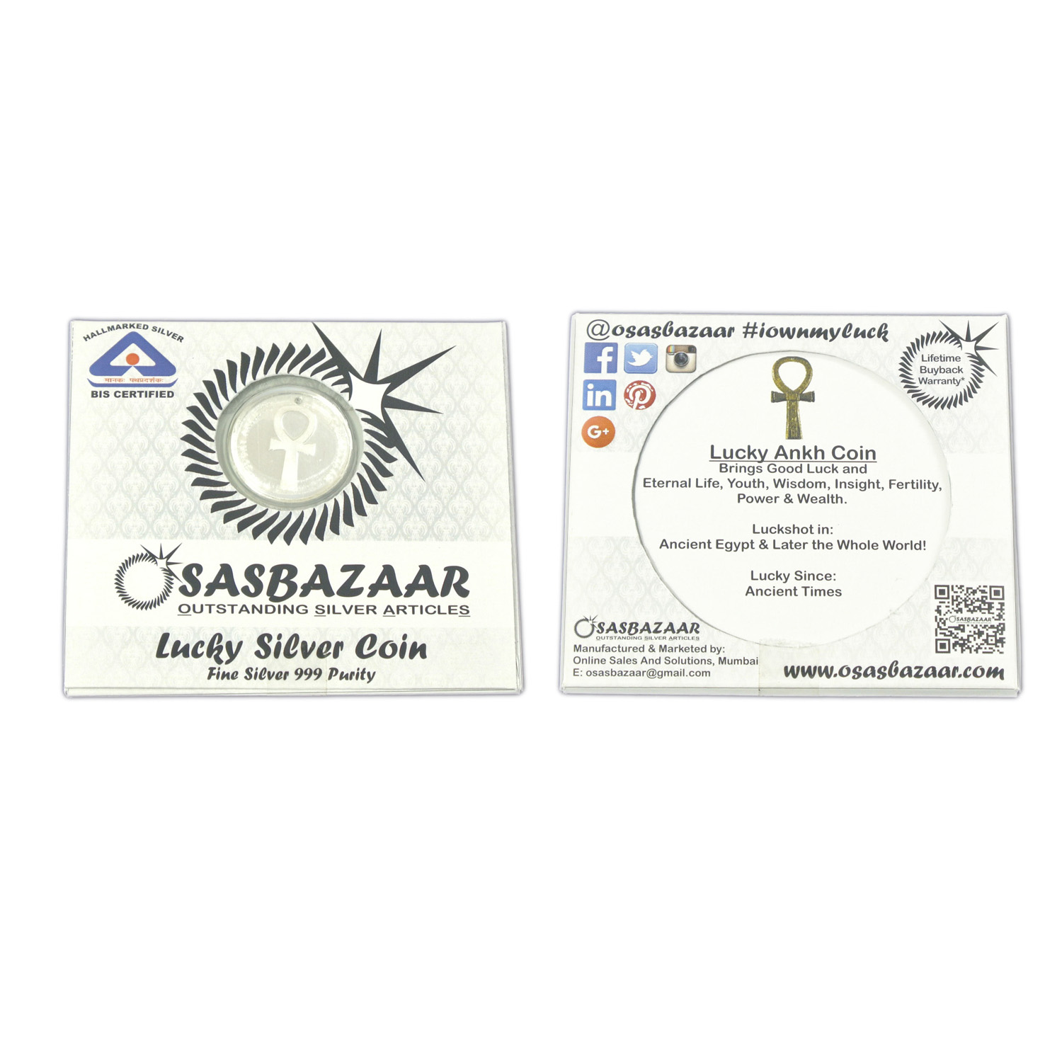 Silver Lucky Ankh Coin Packaging - Front and Back
