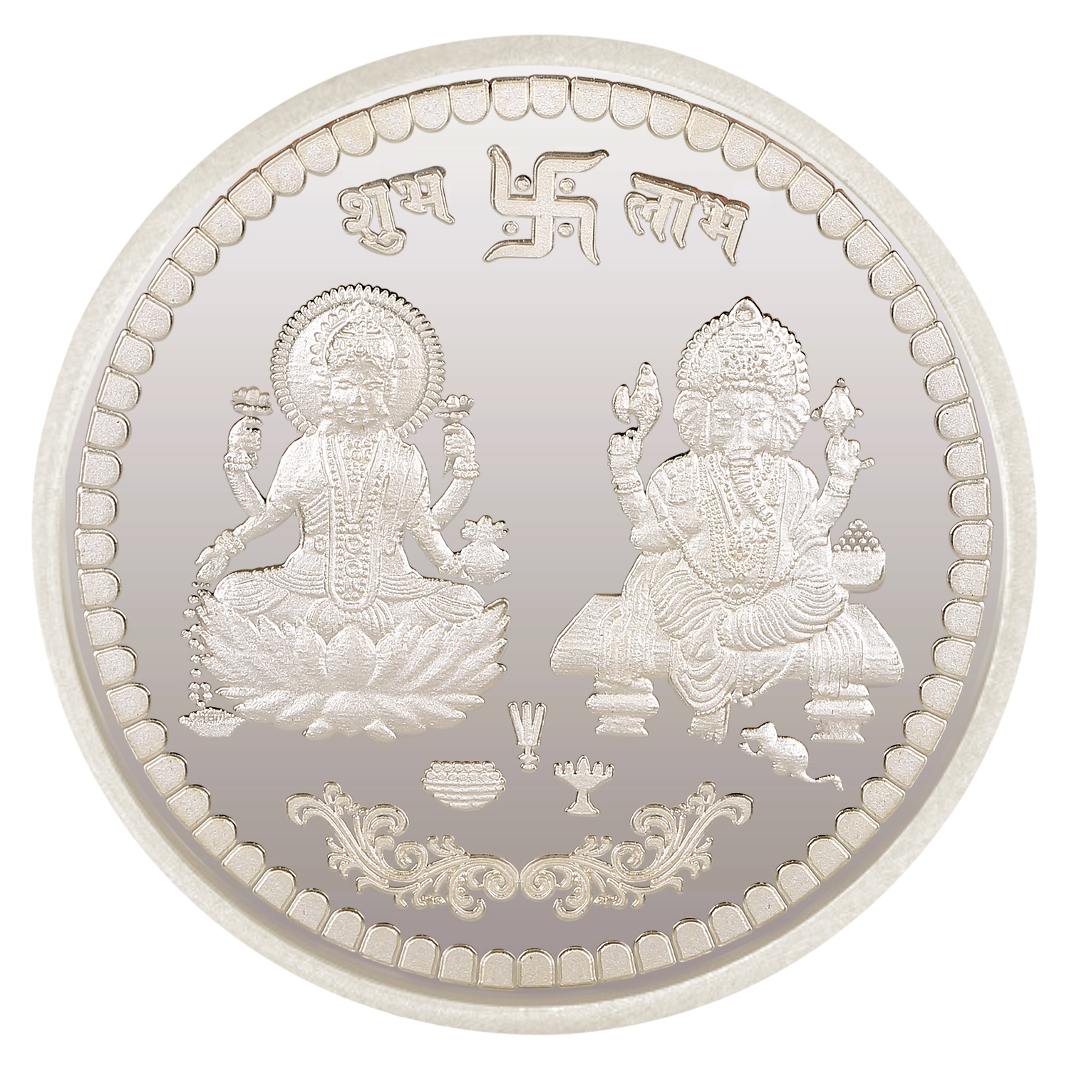 Ganesh Laxmi Coin in Silver 50gms by Osasbazaar Main Diameter: 5 cms, Height: 0.3 cms. Silver Weight: 50 gms.